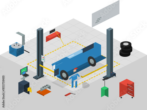 Car maintenance setup in a workshop with tools and equipment near the vehicle on a lift