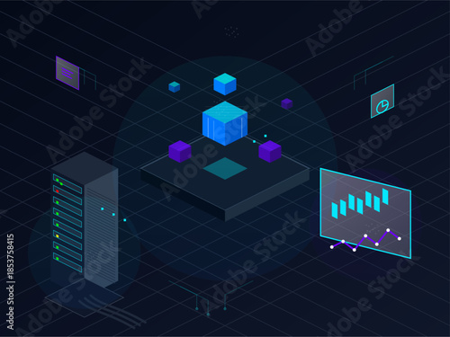 Data analysis tools show graphs and charts on a dark background with server and blocks in a modern design layout