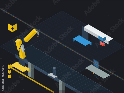 Construction site features robotic arm working on factory layout in an industrial area during daytime