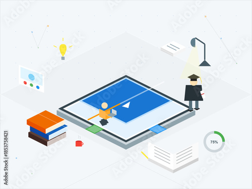 Learning takes place in a classroom with tools such as books and a student working at a desk while a teacher observes their progress