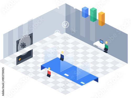 People playing table tennis in a modern indoor sports facility with colorful decorations and a computer station visible