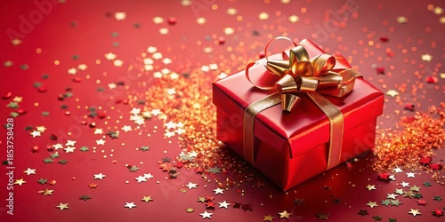 Wallpaper Mural Bright Red Gift Box with Gold Ribbon on Glittery Red Background Torontodigital.ca