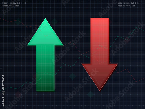 Financial market indicators showing growth and decline trends in trading charts