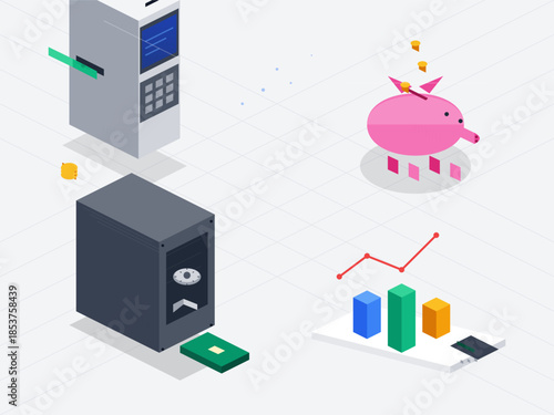 Digital tools for money management with a piggy bank and graphs on a white background