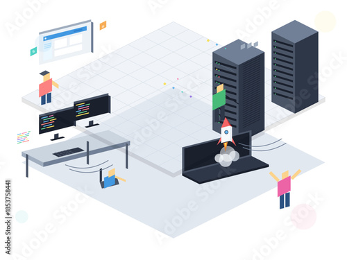 People working on a tech project with computers and servers in a modern office environment during daytime hours