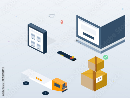 Digital logistics scene showing delivery truck, packages, and computer screen with tracking information