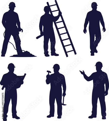 Set of construction worker silhouettes, illustrating diverse professional manual labor, skilled trades, and essential tools used in building and industry