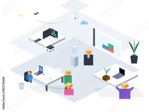 Modern office workspace with people engaged in various activities and collaborative projects during the day