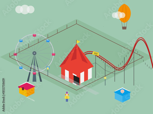 Colorful amusement park scene with rides and hot air balloon in a playful setting