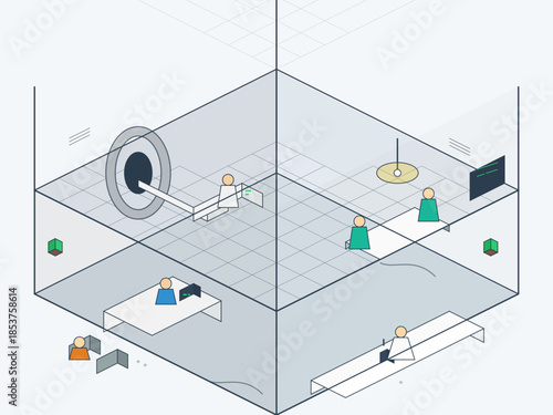 People work in an office setting with different activities happening in separate areas during daytime hours