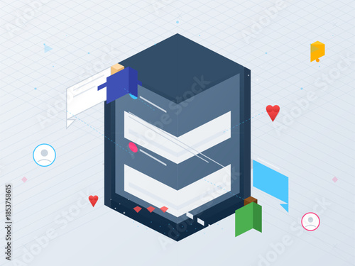 Data storage and communication concepts illustrated with graphics and icons in a digital space