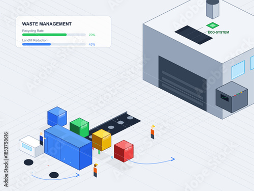 Waste management process overview showing recycling and landfill reduction rates at a facility