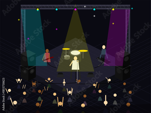 Musicians perform on stage while crowd enjoys live music at night event