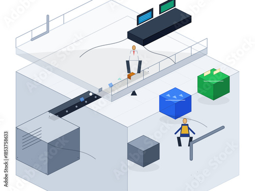 Workers manage packages in a logistics center with sorting equipment and computer screens during daytime operations