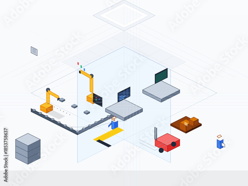 Modern factory layout with robots and assembly lines for efficient production