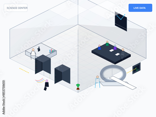 Visualization of a science center layout with interactive zones and data display