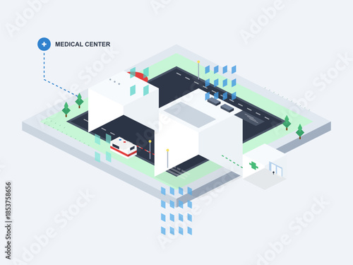 Medical center layout showing roads, vehicles, green trees, and building design in a simple block format