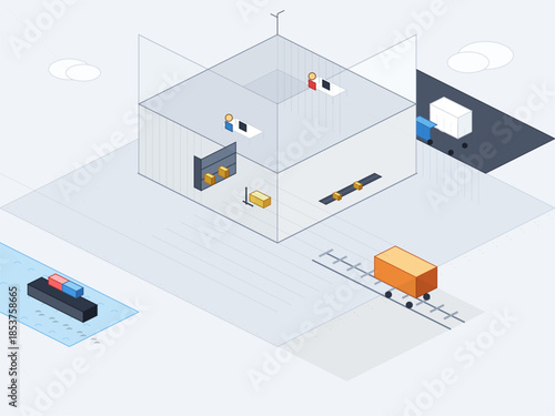 Warehouse workers move packages and handle deliveries in a logistics area near a train track