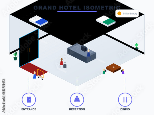 Isometric layout of a luxury hotel showing entrance, reception area, and dining space