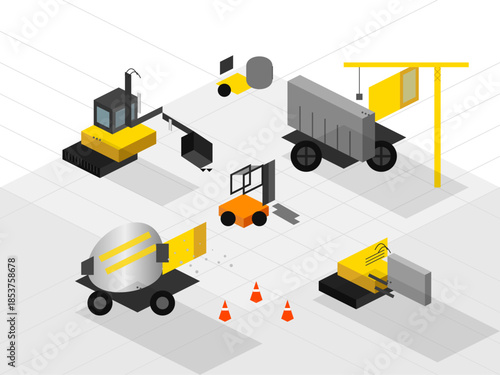 Construction equipment on a worksite during the day with various machinery operating in a busy setup