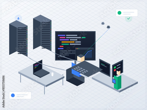 Developers work on coding projects in an office with multiple computers and servers during a weekday