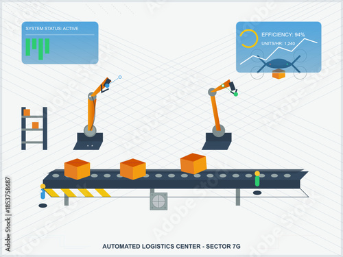Robots and drones work together in an automated logistics center during a busy day for efficient package handling and delivery