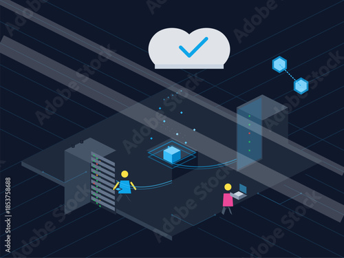 Data management in a cloud environment with users accessing servers and storage units during a technology workflow