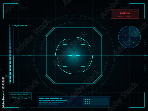 Display shows system status and warning alerts with targeting elements and visual indicators in a dark interface