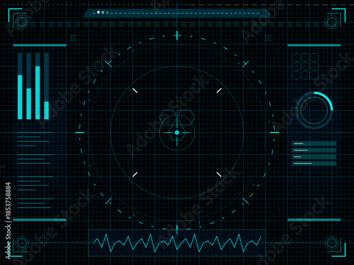 Data display screen shows graphs and readings in a dark setting with green and blue elements and a center pattern