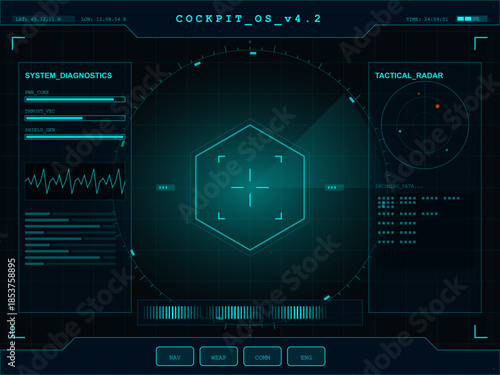 Display of cockpit control system with diagnostics and tactical radar overview on digital screen