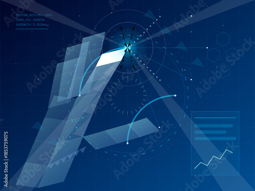 Digital interface showing data analysis and performance metrics with graphs and shapes in a blue background during a technology presentation