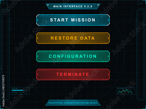 Main interface showing start mission, restore data, configuration, and terminate options in technology setup at night