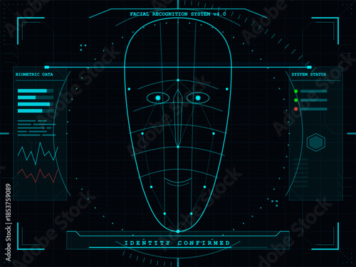 Facial recognition system interface displays confirmed identity and biometric data on a digital screen