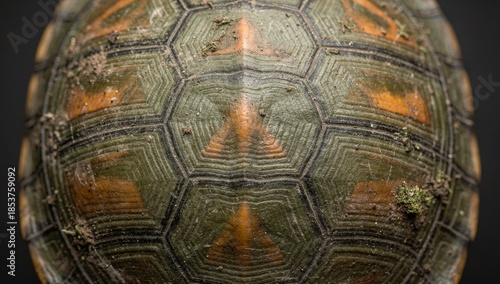 Extreme macro close-up of a turtle shell texture, showing detailed hexagonal scutes, natural green and orange patterns, and organic growth rings.