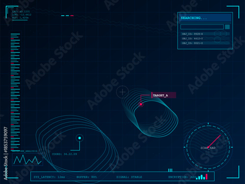 Technology interface showing scanning and searching for targets in a digital map