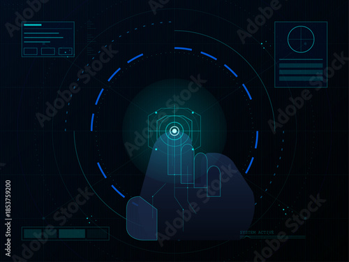 Digital interface showing a touch input on a technology display screen in a dark environment with various data elements