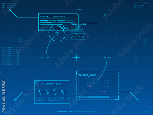 Display shows system diagnostics and target lock information on a blue screen during a tech analysis session