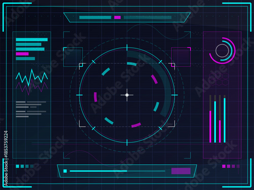Display shows data and statistics for analysis on a computer interface in a dark environment with colorful elements