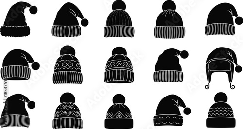 hat, beanie, winter, silhouette, cap, knitted, pompom, clothing, fashion, accessory, vector, black, warm, icon, illustration