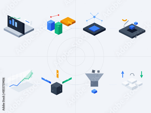 Visual representation of data analysis and technology concepts in a digital workspace setting