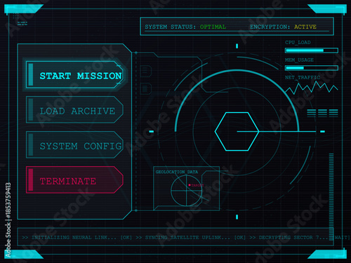 Display shows system status and options for mission and data management in a digital interface