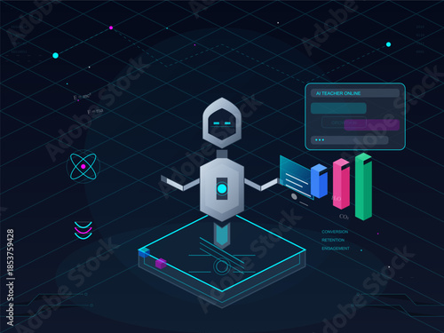 Robot design for online education tools with charts and metrics shown in virtual environment
