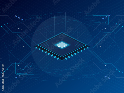 Digital circuit board showing data analytics and processing in a tech environment