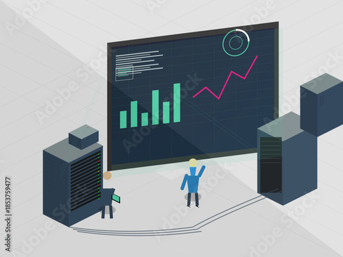 Data analysis taking place in a modern workspace with graphs and servers being displayed on a large screen