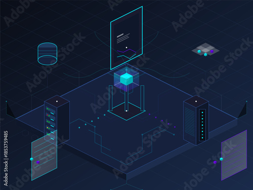 Visual representation of a digital network system with graphical elements showing data processing and storage