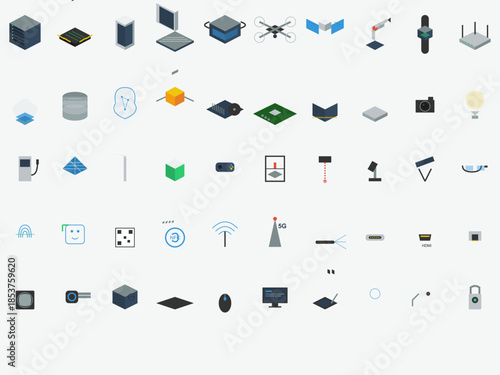 Collection of simple icons representing technology and digital devices used in everyday life and business settings