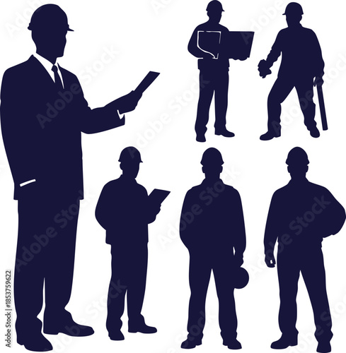 Professional construction workers and engineers in hard hats, standing with tools and blueprints, ready for site management and building projects for infrastructure development