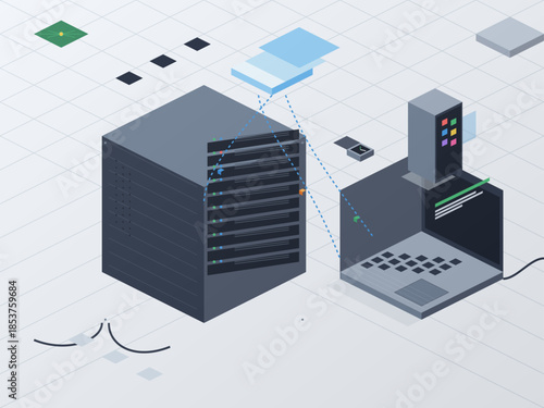 Server and computer setup with data transfer in a technology workspace during daytime hours
