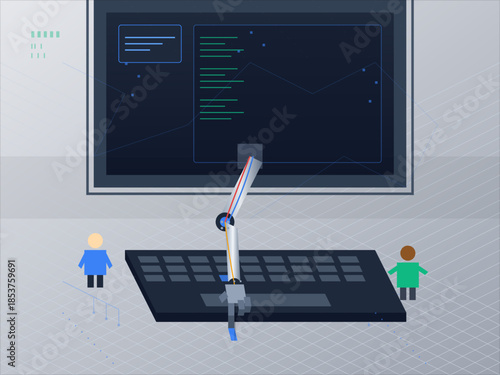 Robotic arm interacts with computer screen while figures observe in a tech environment