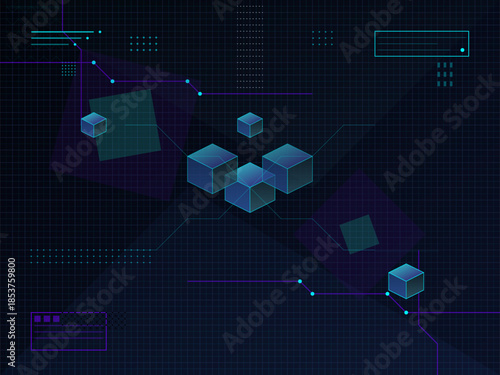 Blocks and lines on a digital background with geometric shapes and data elements in a tech environment